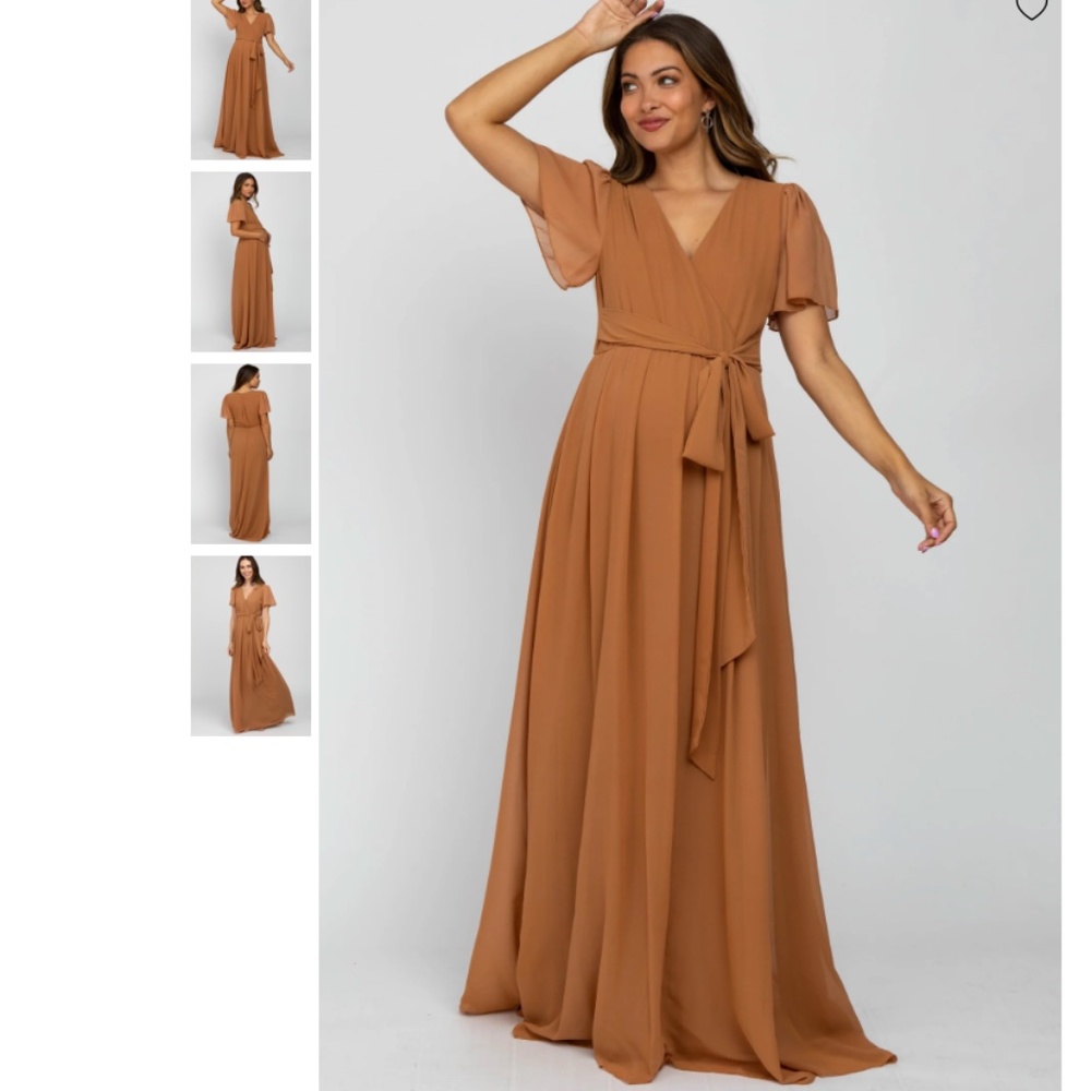 PINKBLUSH CAMEL CHIFFON SHORT SLEEVE MATERNITY MAXI DRESS
